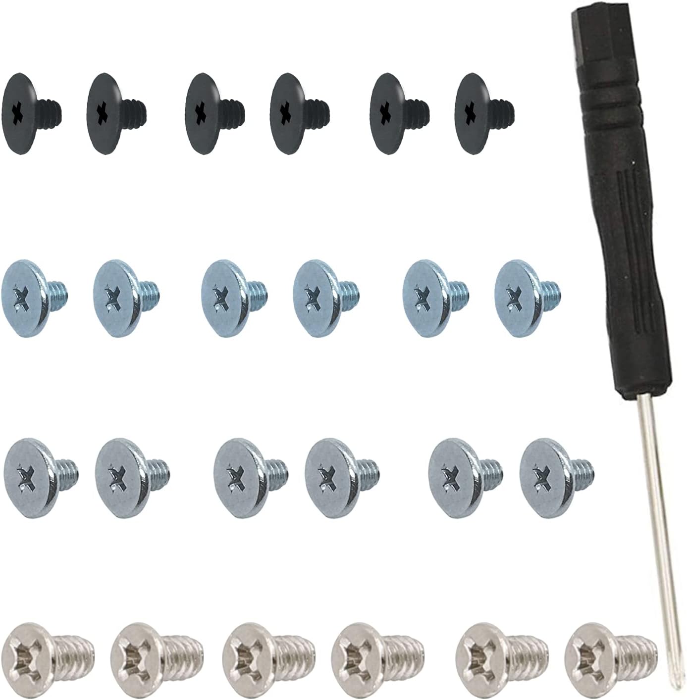 SGTKJSJS M2 SSD mounting screws kit front view showcasing twenty four assorted alloy steel pieces arranged with a magnetic screwdriver.