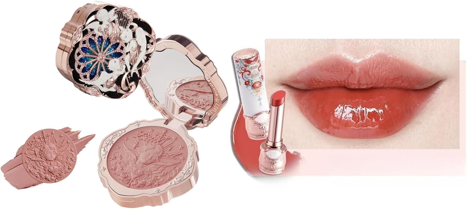 Flower Knows Little Angel Cream Blush and Butterfly Cloud Collar Glossy Lipstick Set,Buildable & Blendable Dewy Makeup,Soft Long-Lasting Cute Make Up(Blush 04 Rose Ashes + Lipstick C08 Sunset Clouds) - Image 1