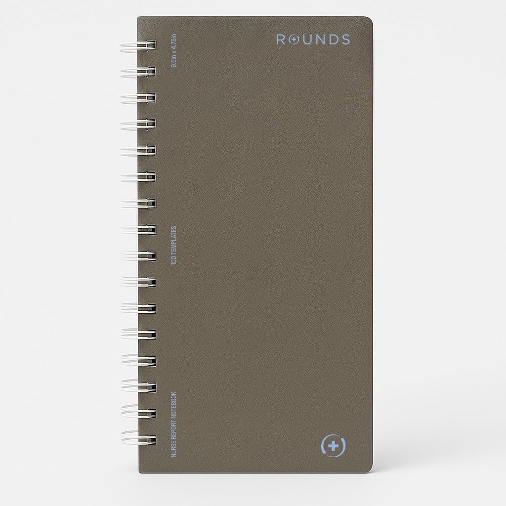 Rounds Nurse Report Notebook front view featuring slate grey vegan leather cover and double loop wire binding