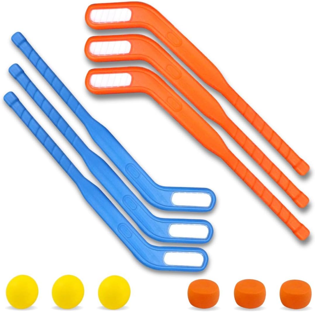 Liberty Imports Kids Floor Hockey Stick Bulk Set front view featuring colorful plastic sticks and balls