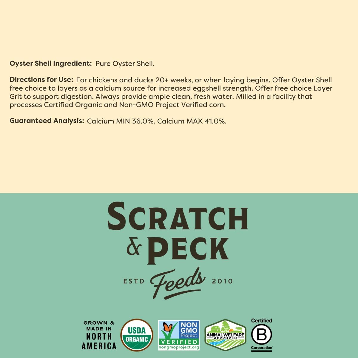 Scratch and Peck Feeds supplement pouch next to chicken coop