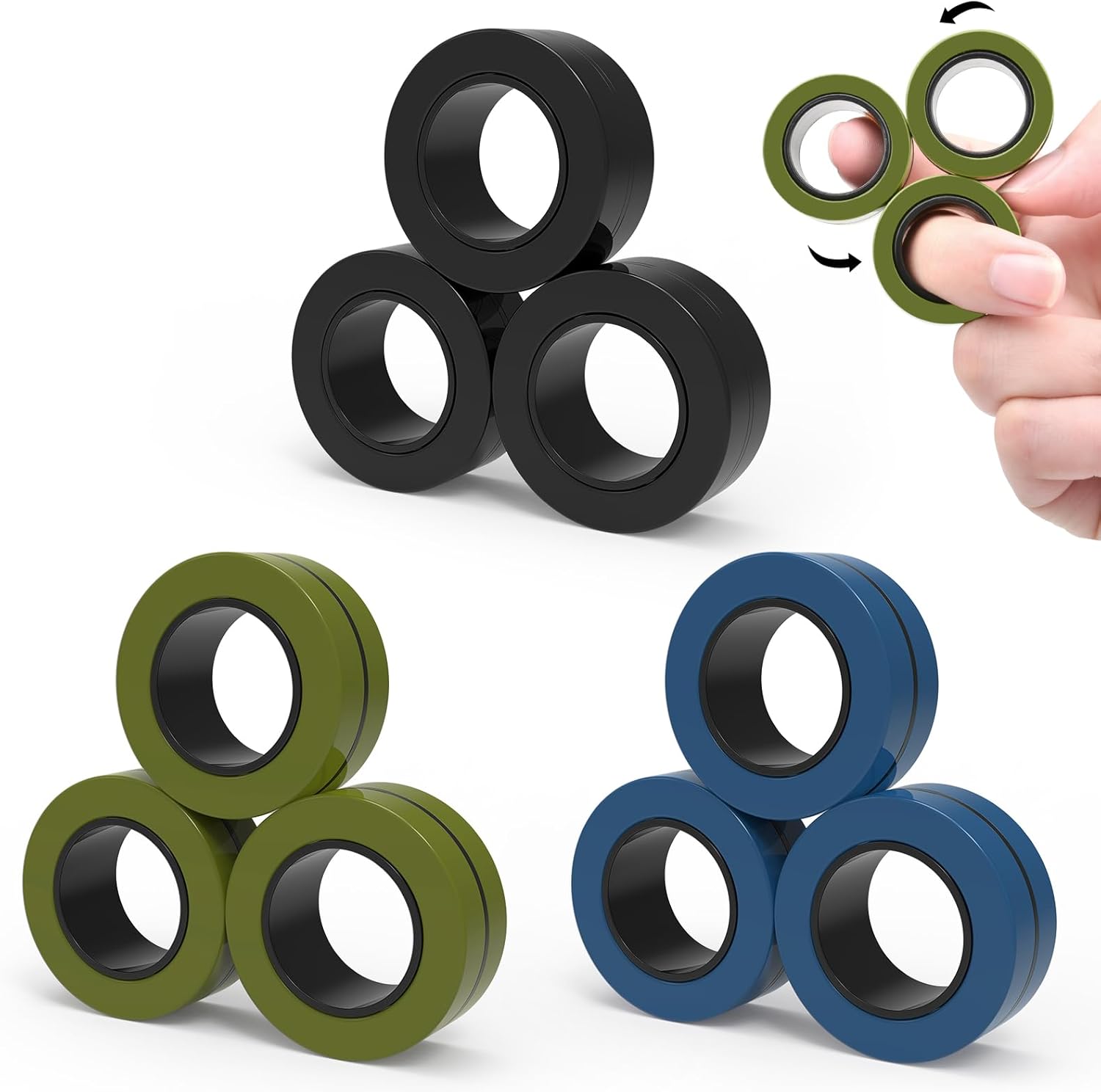 Cevioce 9 Piece Magnetic Ring Fidget Toy Set front view showcasing nine sleek black magnetic rings arranged neatly.