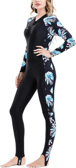 Realon full body dive skin swimsuit front view showing vibrant side panels