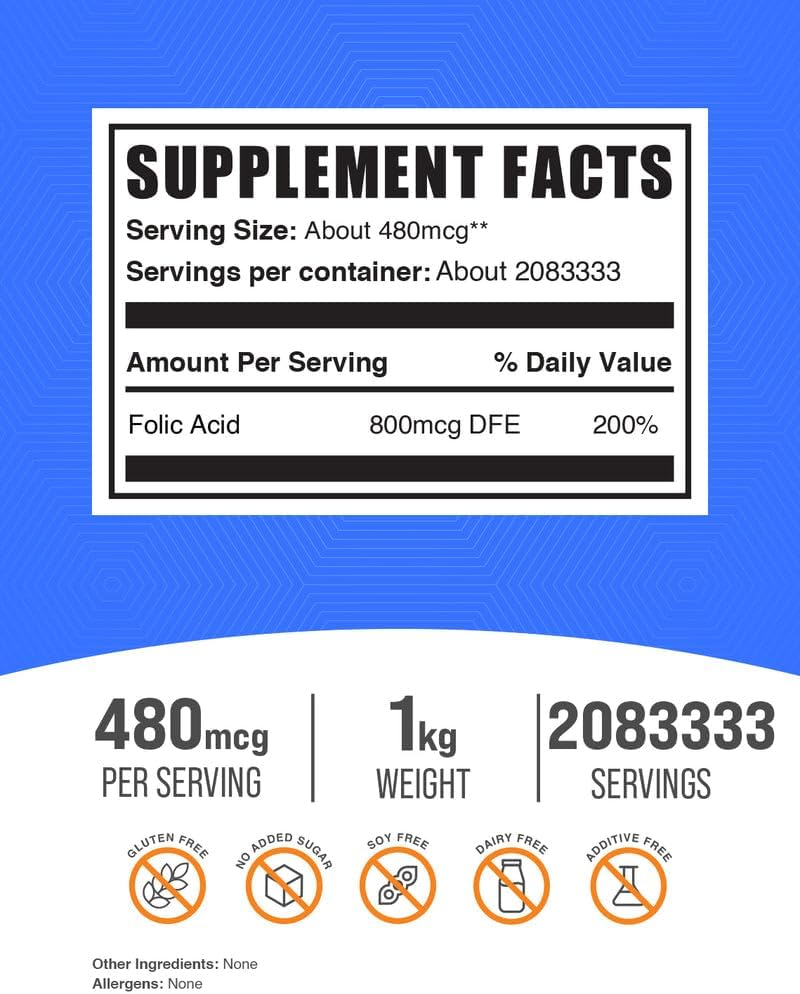 BulkSupplements Folic Acid Vitamin B9 powder packaging