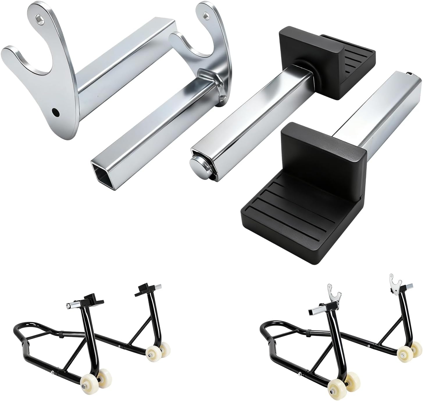 BAOUFF motorcycle wheel lift stand attachments front view showcasing the four pack kit of iron adapters