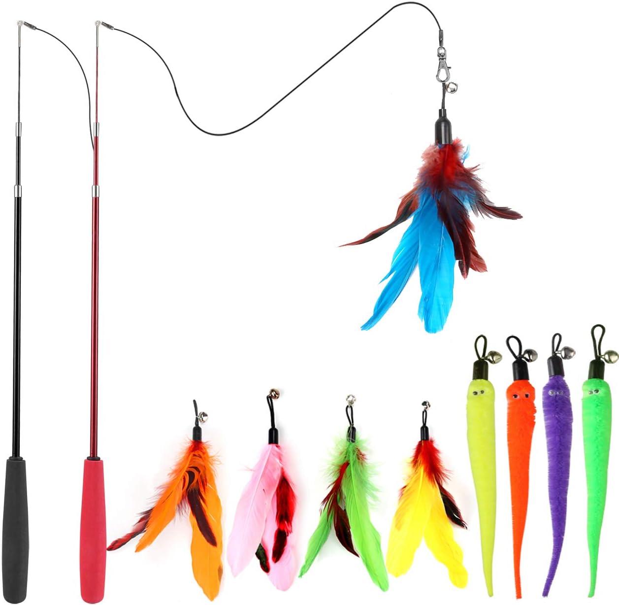 MeoHui interactive cat wand toy front view featuring two retractable telescopic rods.