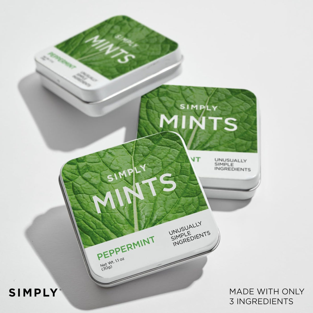 Simply Gum peppermint mints non GMO and kosher certified snack tins
