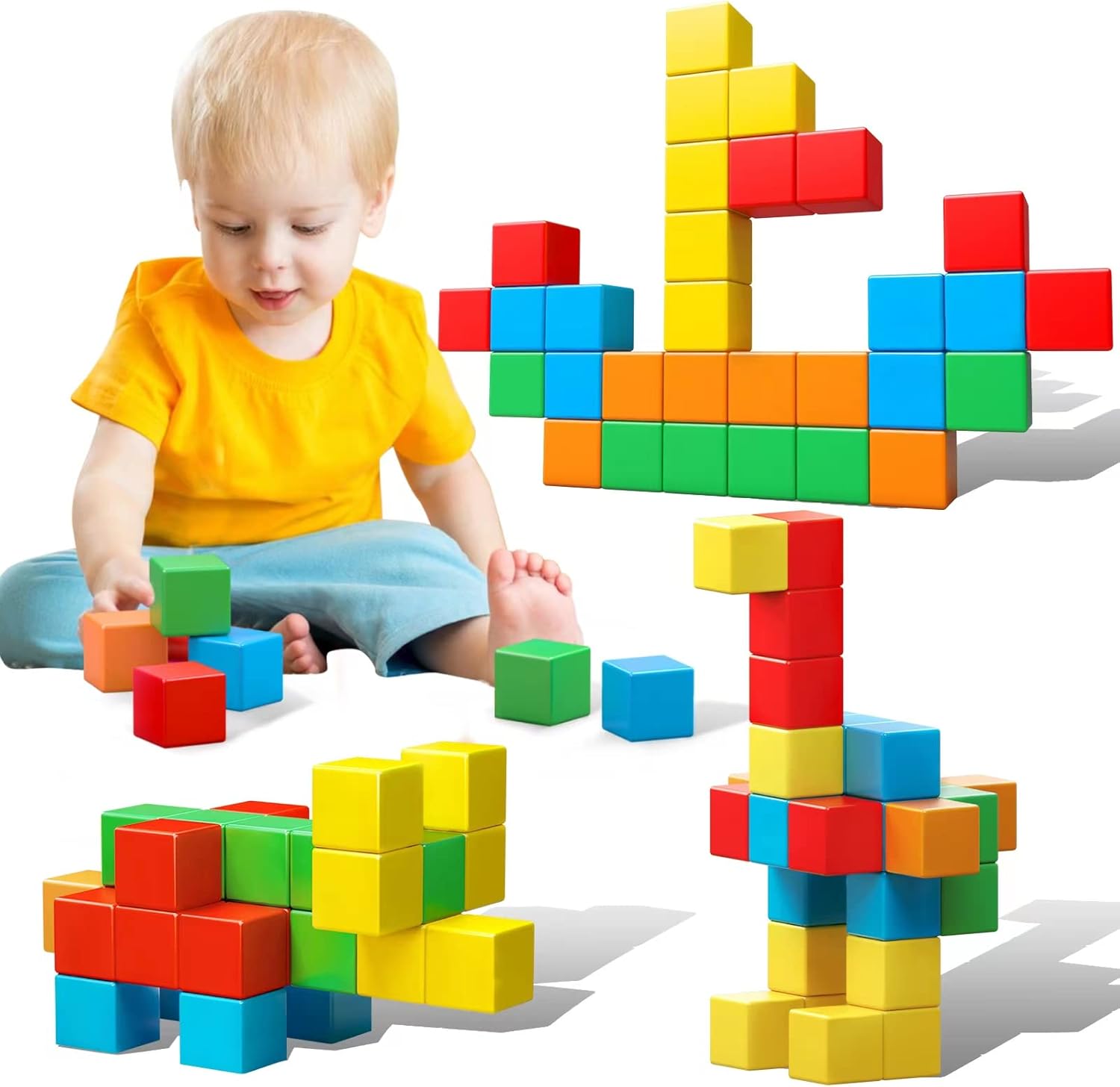 KOIEMAY magnetic building blocks front view showing colorful cubes stacked into a 3D castle