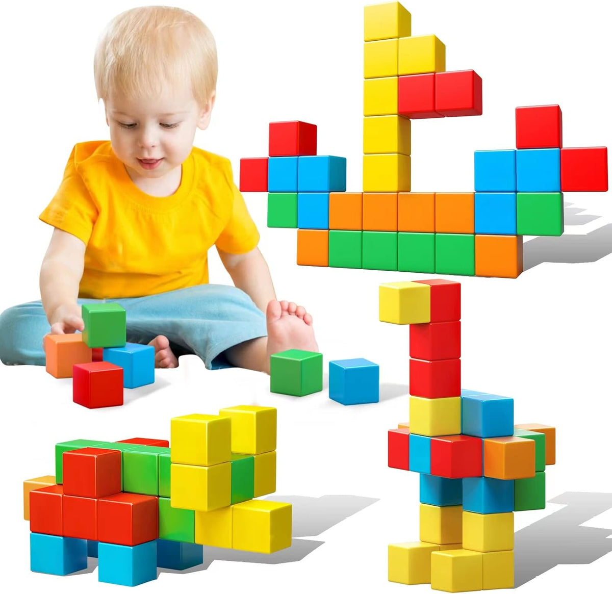 KOIEMAY magnetic building blocks front view showing colorful cubes stacked into a 3D castle