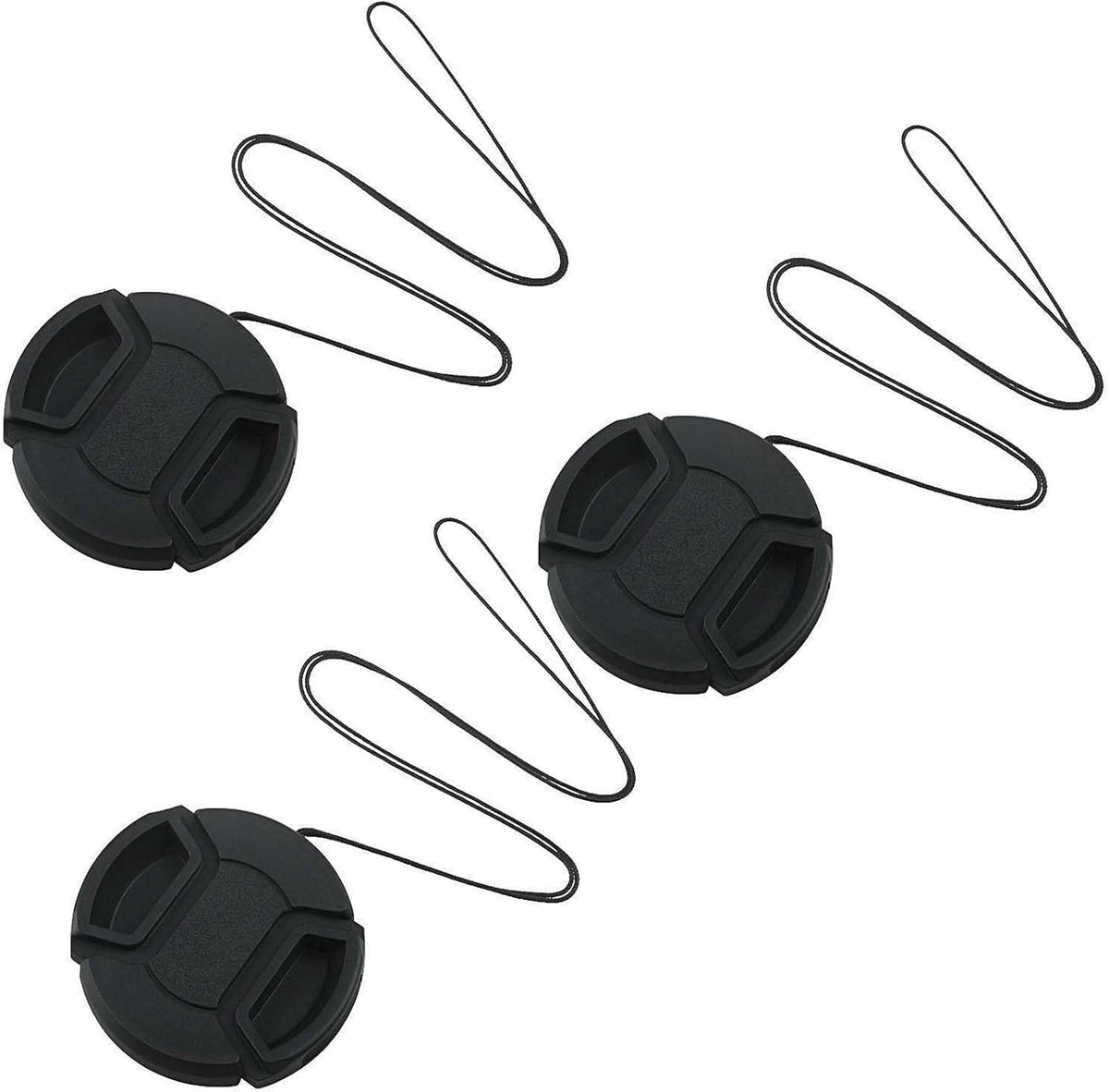 Generic 52mm lens cap cover three pack front view showing center pinch mechanism