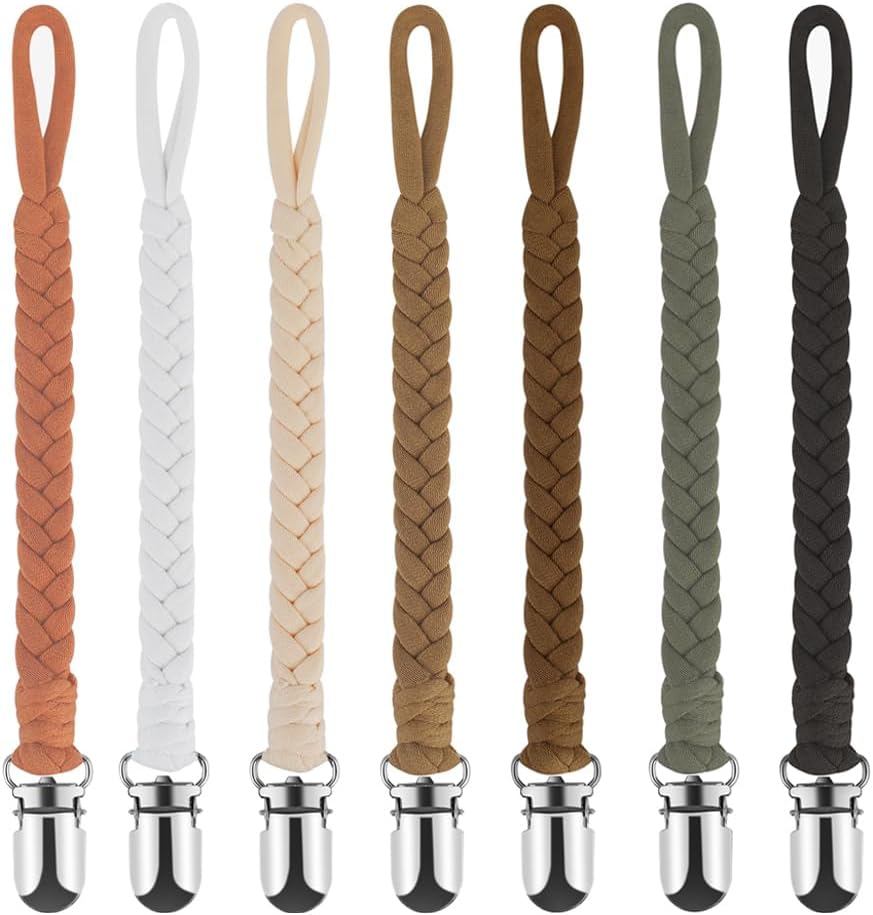 Boukipow baby pacifier clip seven pack front view showcasing various earthy neutral tones