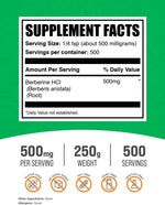 BulkSupplements Berberine HCL Powder nutrition facts and gluten free label.