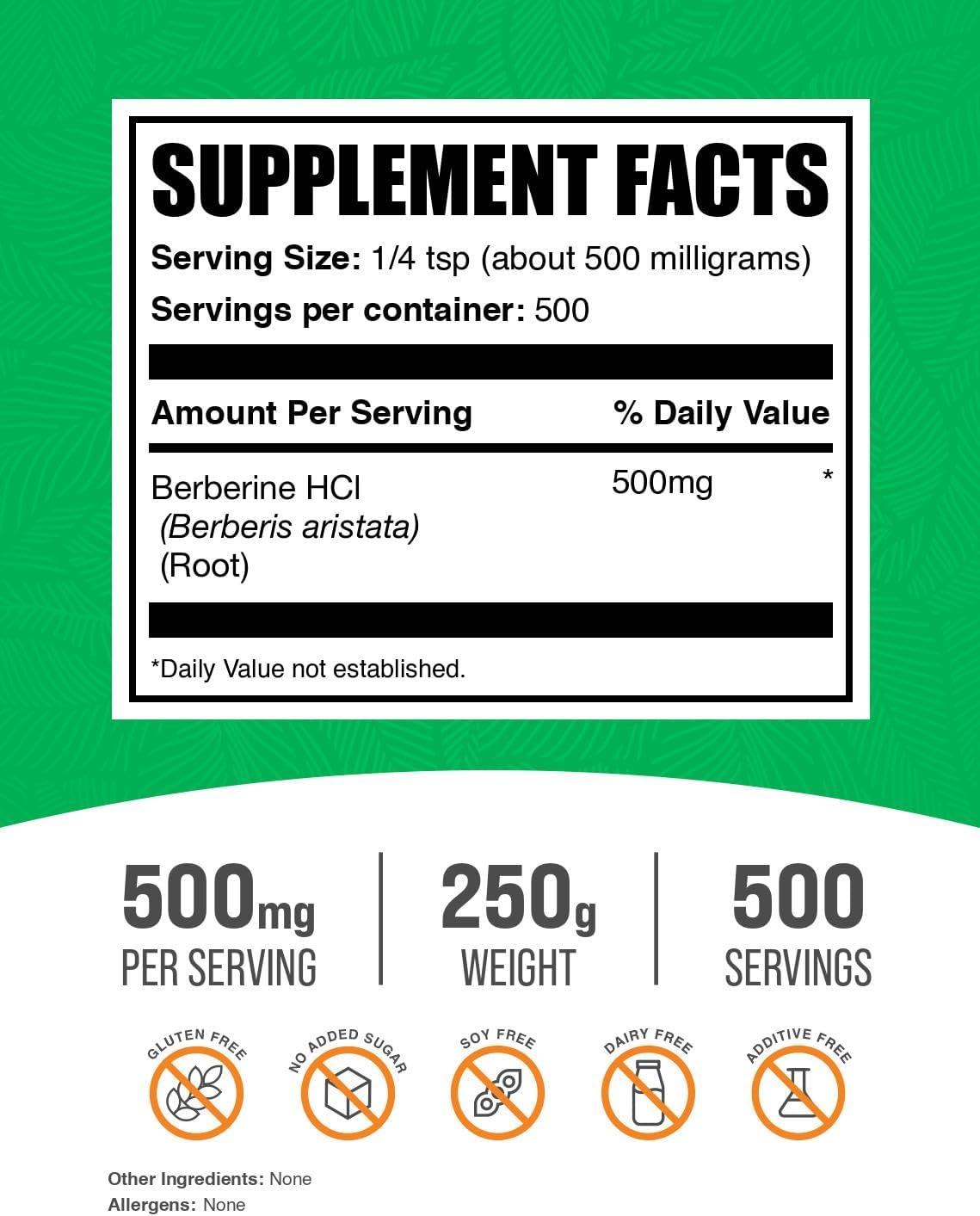 BulkSupplements Berberine HCL Powder nutrition facts and gluten free label.