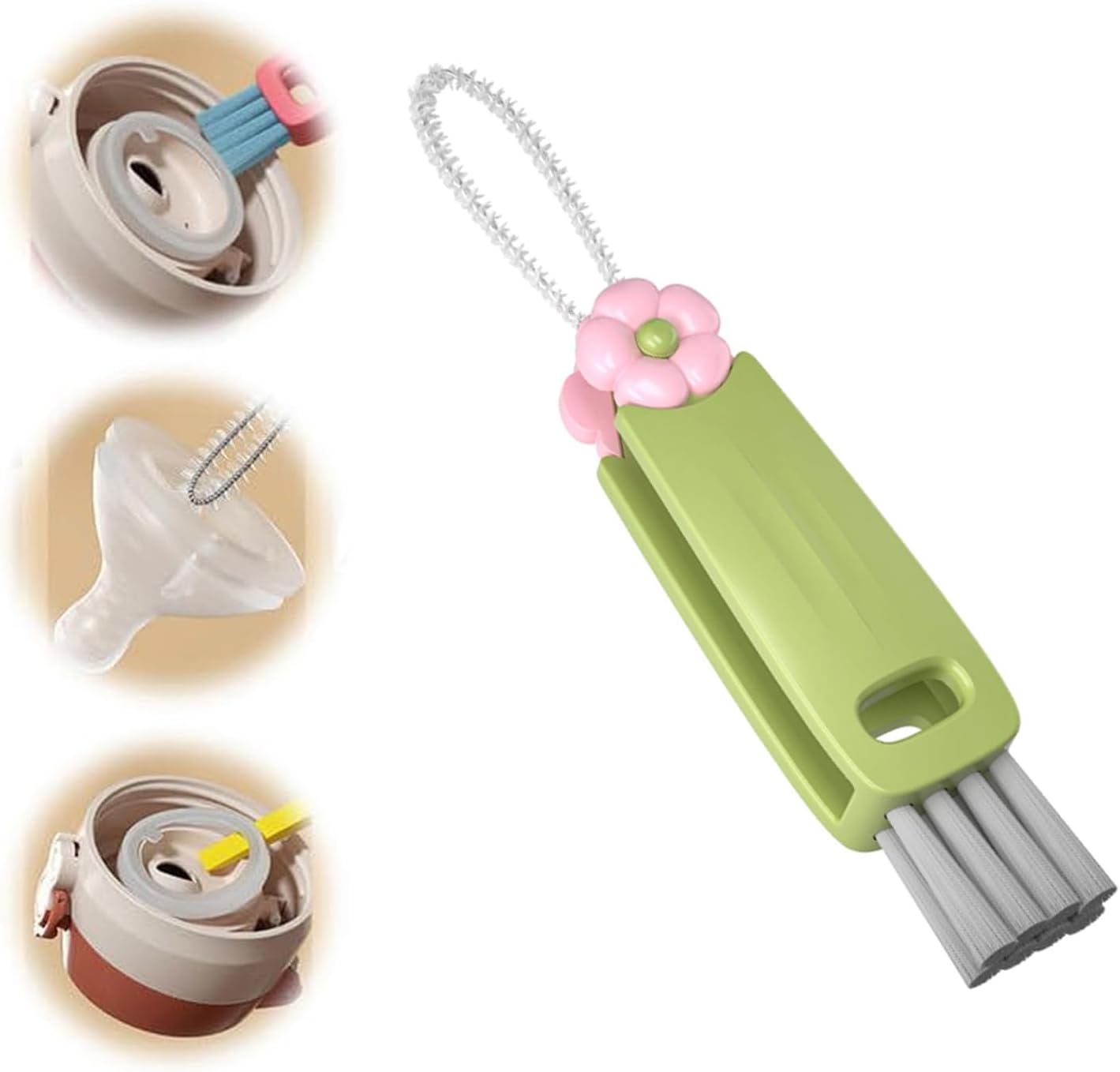 Fuiyuqa 3 in 1 cup lid gap cleaning brush front view showcasing the green multifunctional handle.