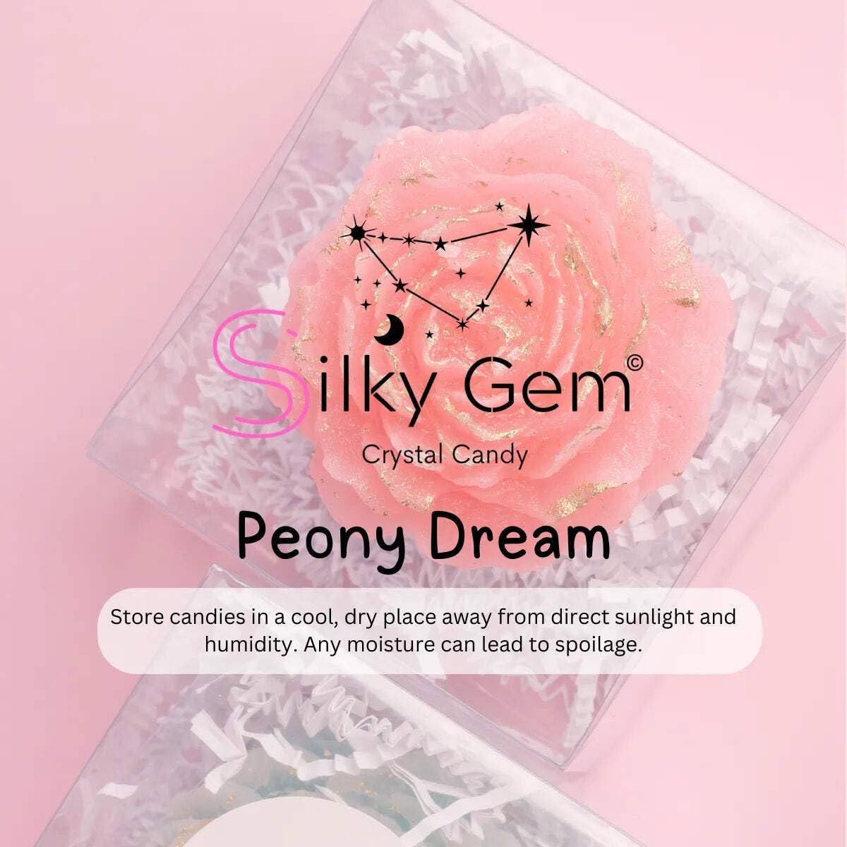 Macro shot of peony dream edible flower candy glitter