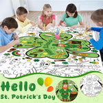 Close up of leprechaun and shamrock designs on coloring poster