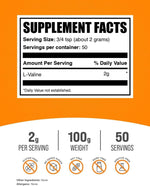 BulkSupplements L Valine BCAA energy powder nutritional facts and clean ingredient label view.
