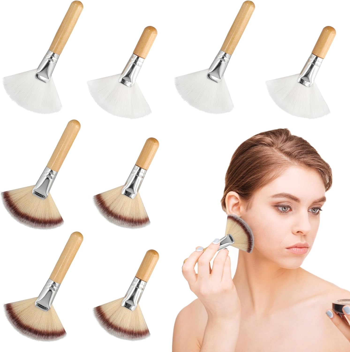 Lusofie fluffy facial fan brushes set front view featuring premium white and bicolor soft bristles for professional esthetician treatments