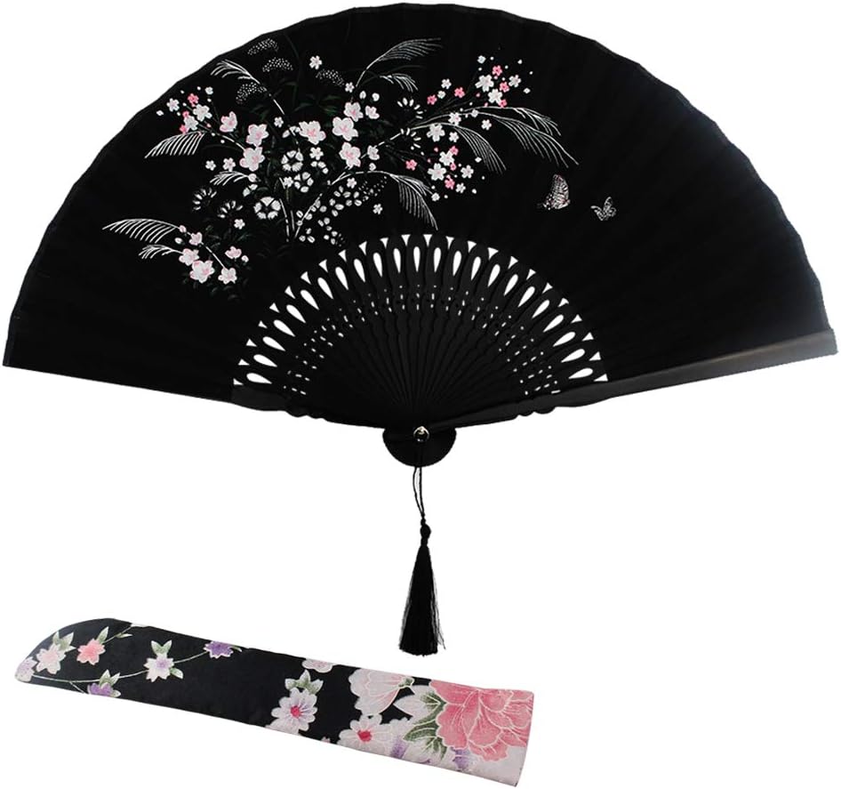 Wobe Black Linen Fabric Folding Hand Fan Grassflowers Bamboo for Summer - Image 1