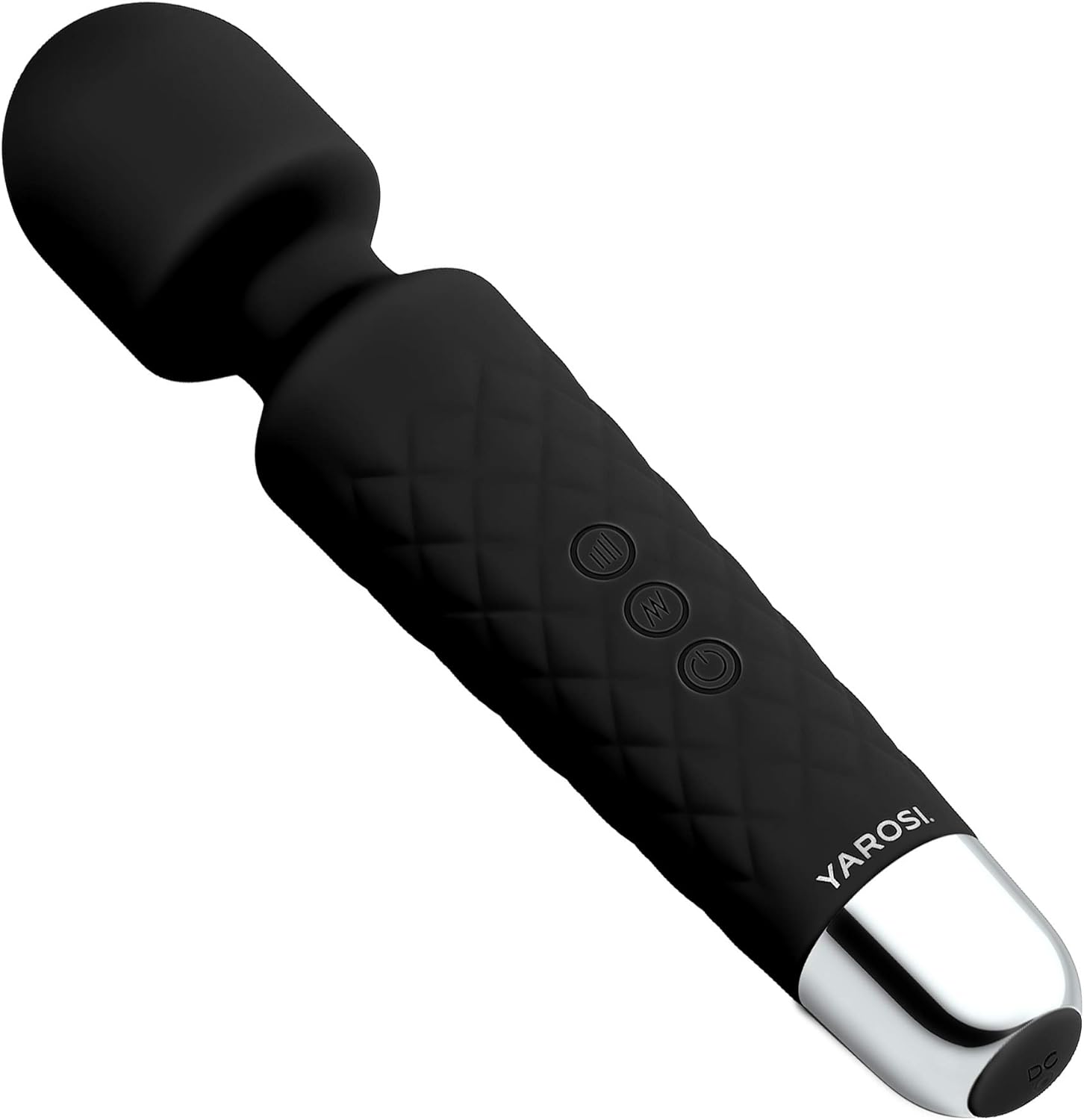 Yarosi cordless handheld wand massager in black front view for deep tissue muscle relaxation.