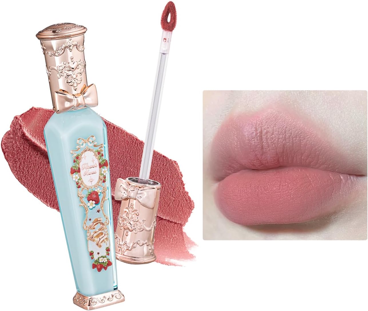 Flower Knows Strawberry Rococo Cloud Lip Cream in Soft Rosy Nude front view showing its ornate vintage perfume bottle design.