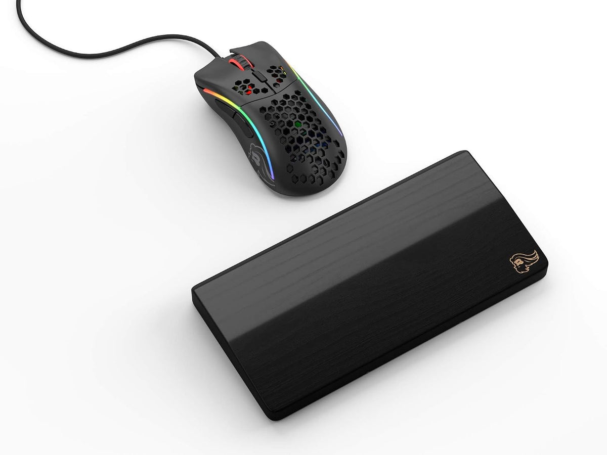 Glorious onyx black wooden mouse palm rest angled perspective