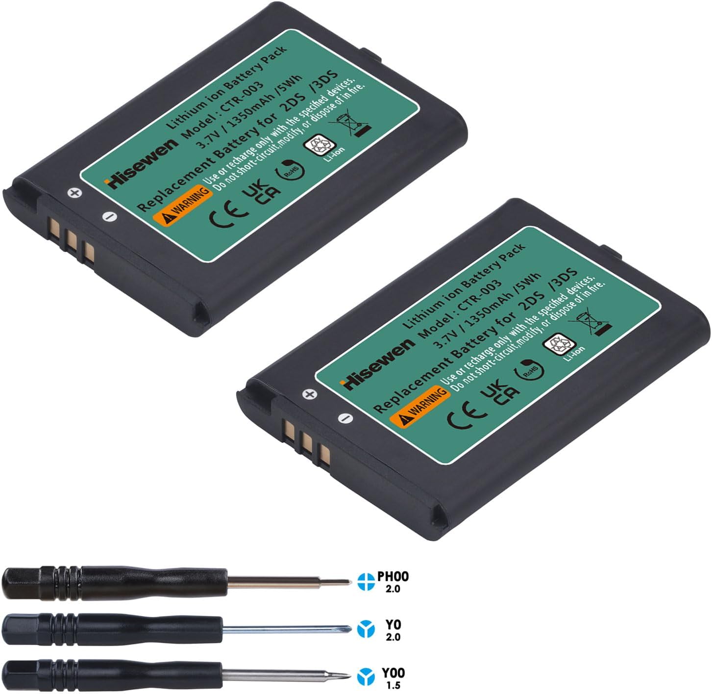Hisewen 2 Pack 1350mAh 3DS Battery front view for Nintendo console