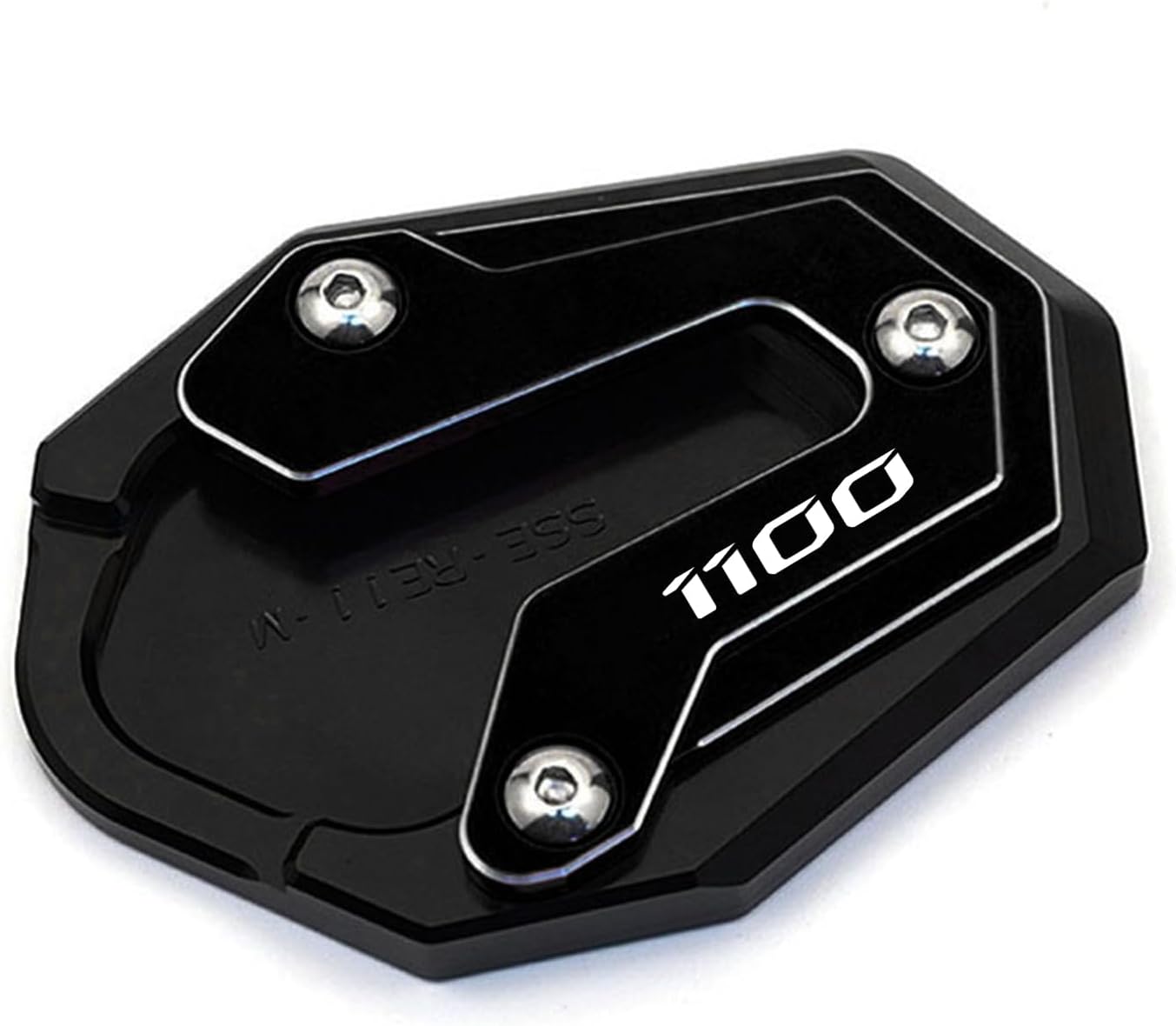 ZYAKOMO CNC motorcycle kickstand pad front view showing black anodized finish and laser engravings