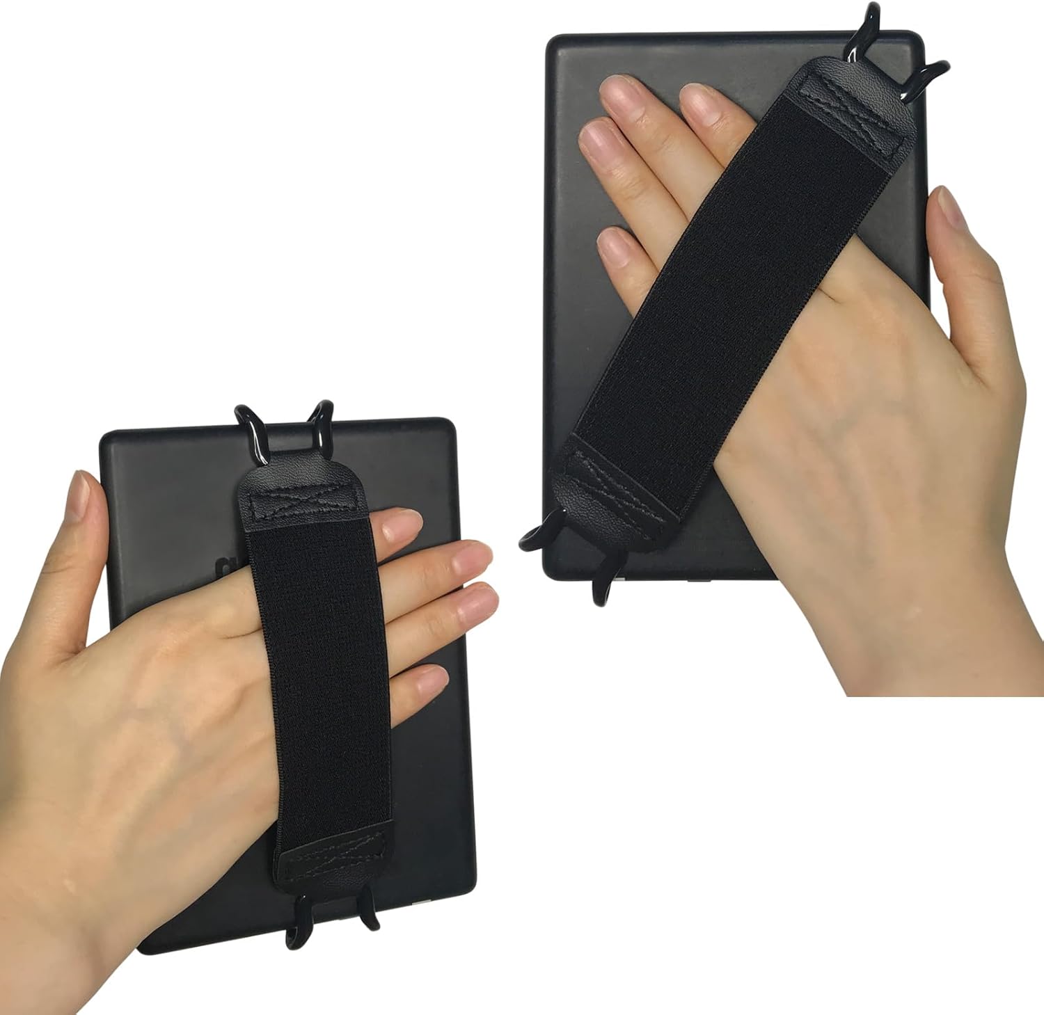 Gowjaw hand strap holder for Kindle showing the black elastic band and protective clips from a front perspective.