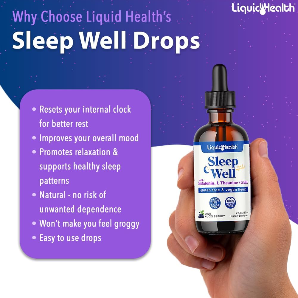 Liquid Health Sleep Well wild huckleberry flavor packaging and bottle close-up