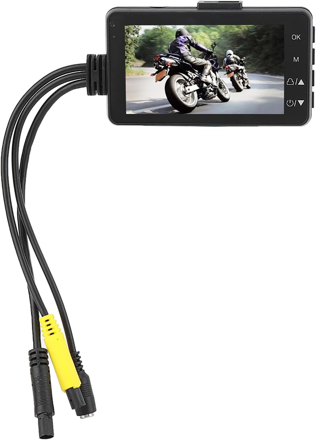 Keenso motorcycle dual camera recorder showing front view of the 3 inch LCD monitor