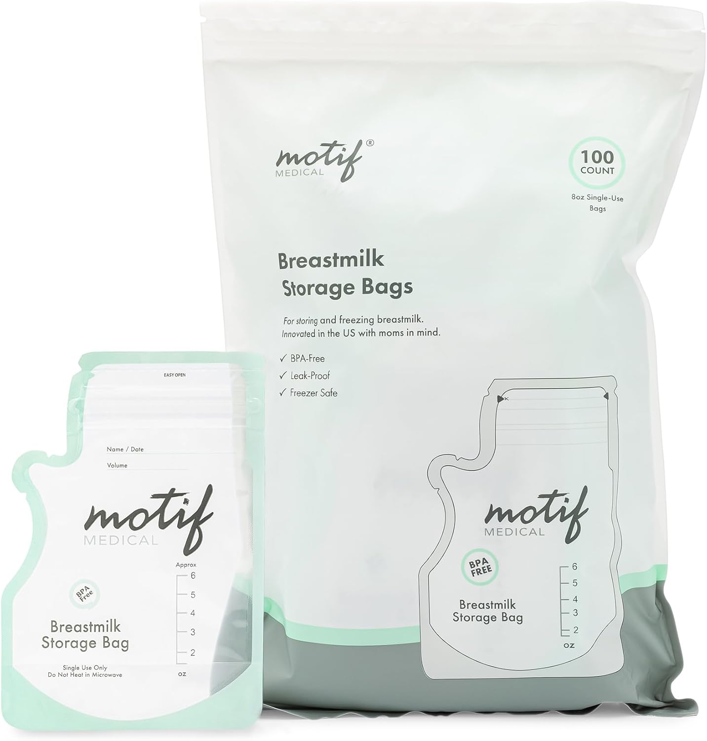 Motif Medical breastmilk storage bags 100 count front packaging view