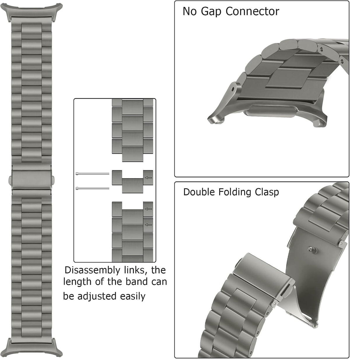 Gray titanium metal strap attached to smartwatch