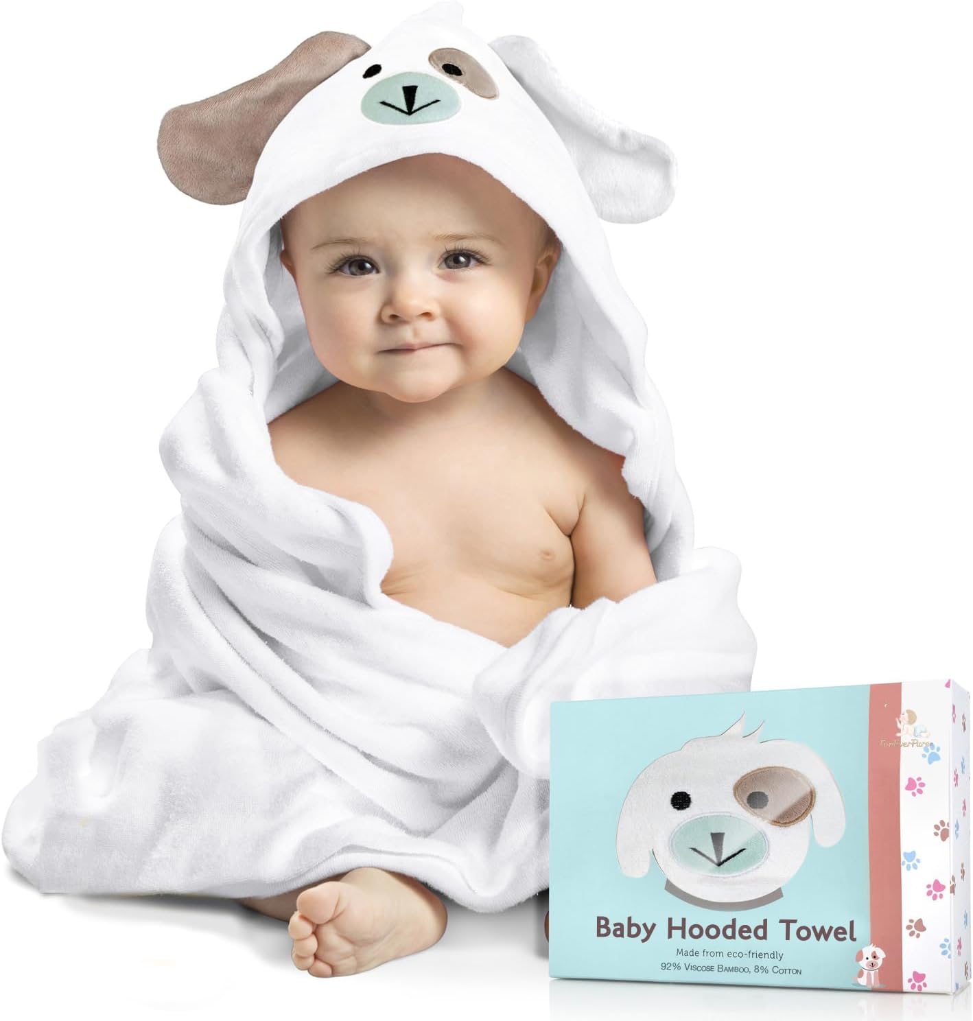 Foreverpure baby hooded towel front view with puppy hood design