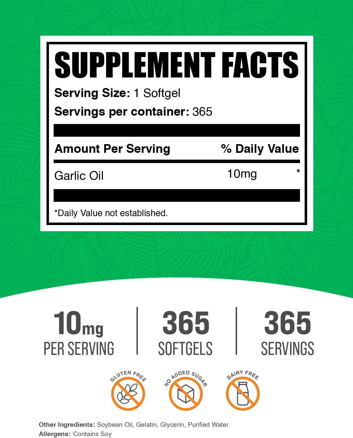 BulkSupplements Garlic Oil Softgels label showing 10mg potency