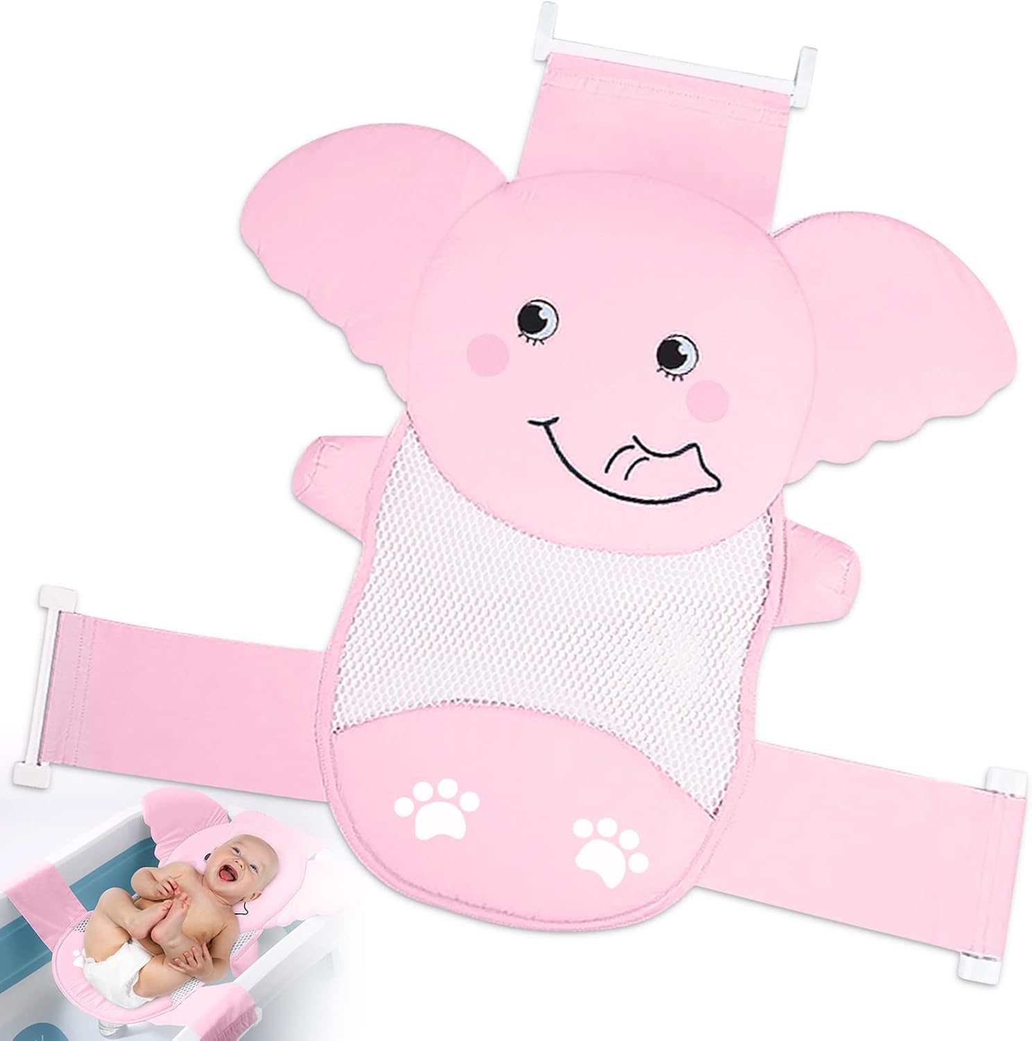 Air And Tree baby bath seat support net in pink with elephant design