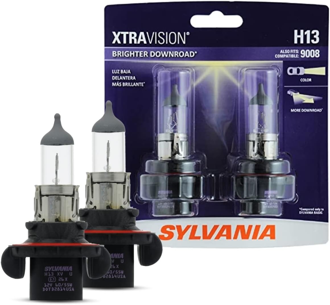 Sylvania H13 XtraVision halogen headlight bulb two pack front view packaging