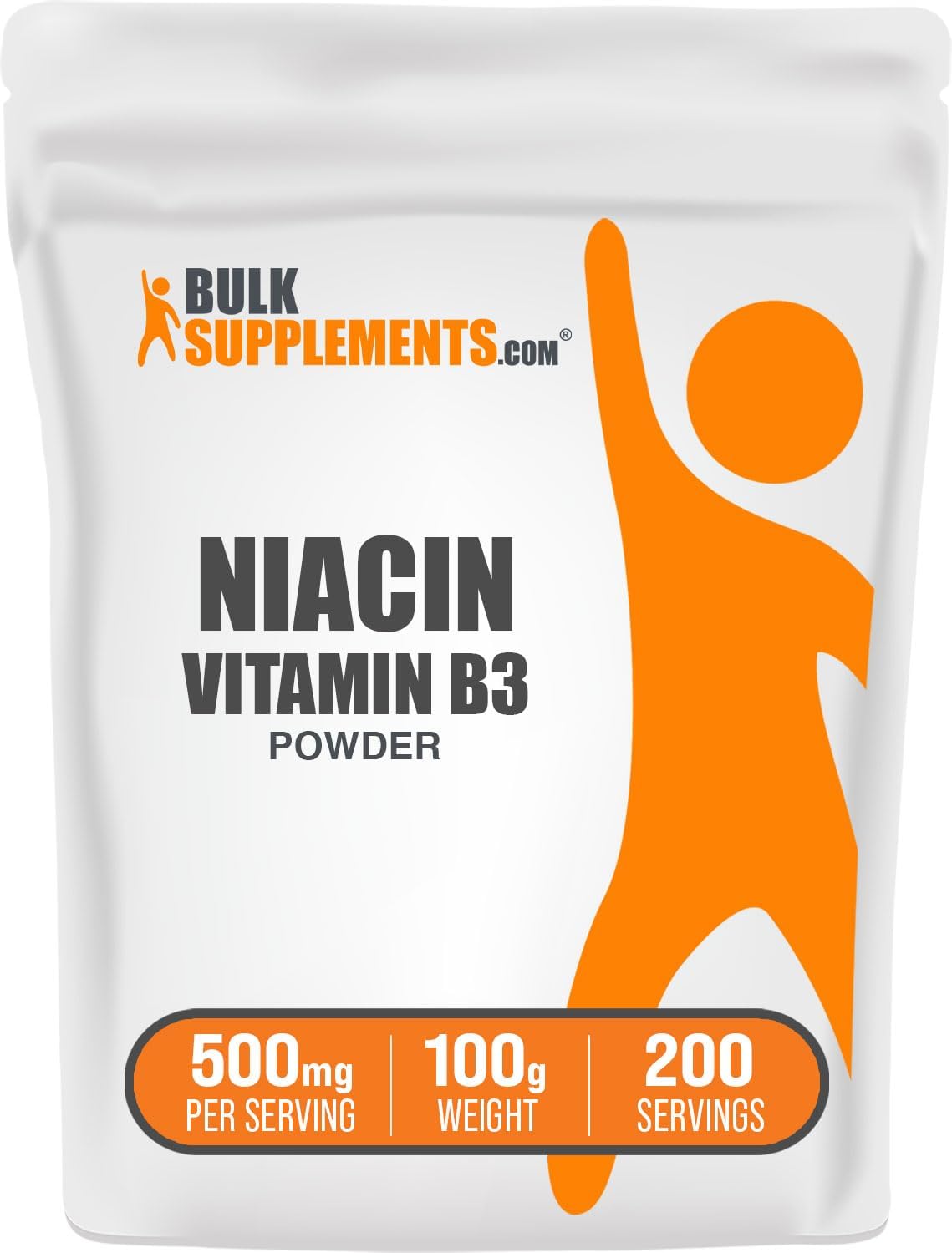 BulkSupplements pure Niacin packaging highlighting the gluten free clean formula label.