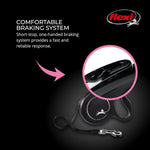 Small dog walking with black Flexi retractable cord leash