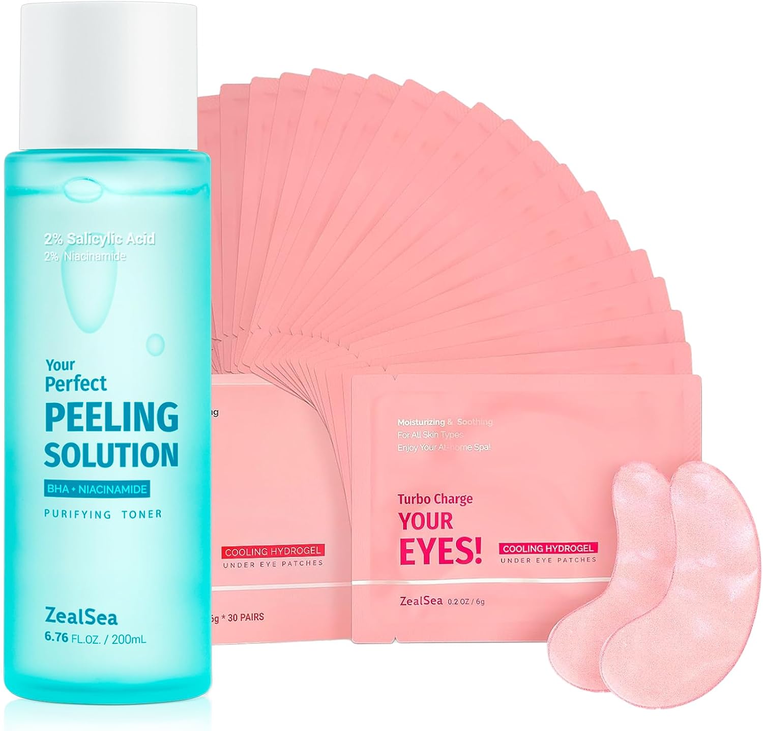 ZealSea Salicylic Acid Toner and Eye Gel Pads bundle front view for oily skin care
