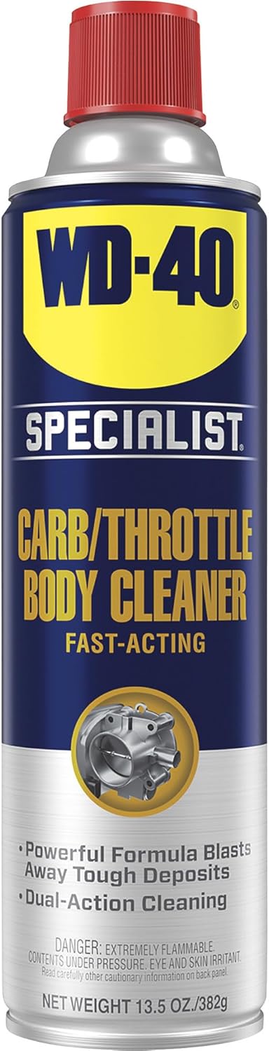WD-40 Specialist Carburetor Throttle Body And Parts Cleaner front view showing the 13.5 ounce aerosol can with its blue and yellow branding.