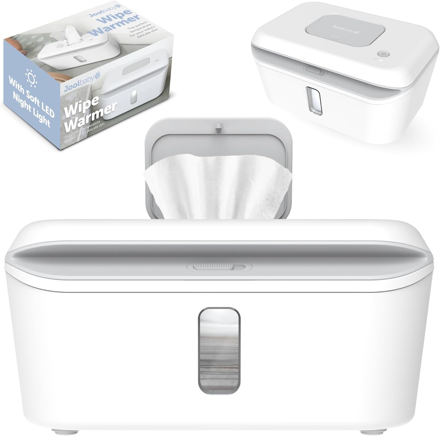 Jool Baby Wipe Warmer and Dispenser front view with LED light on