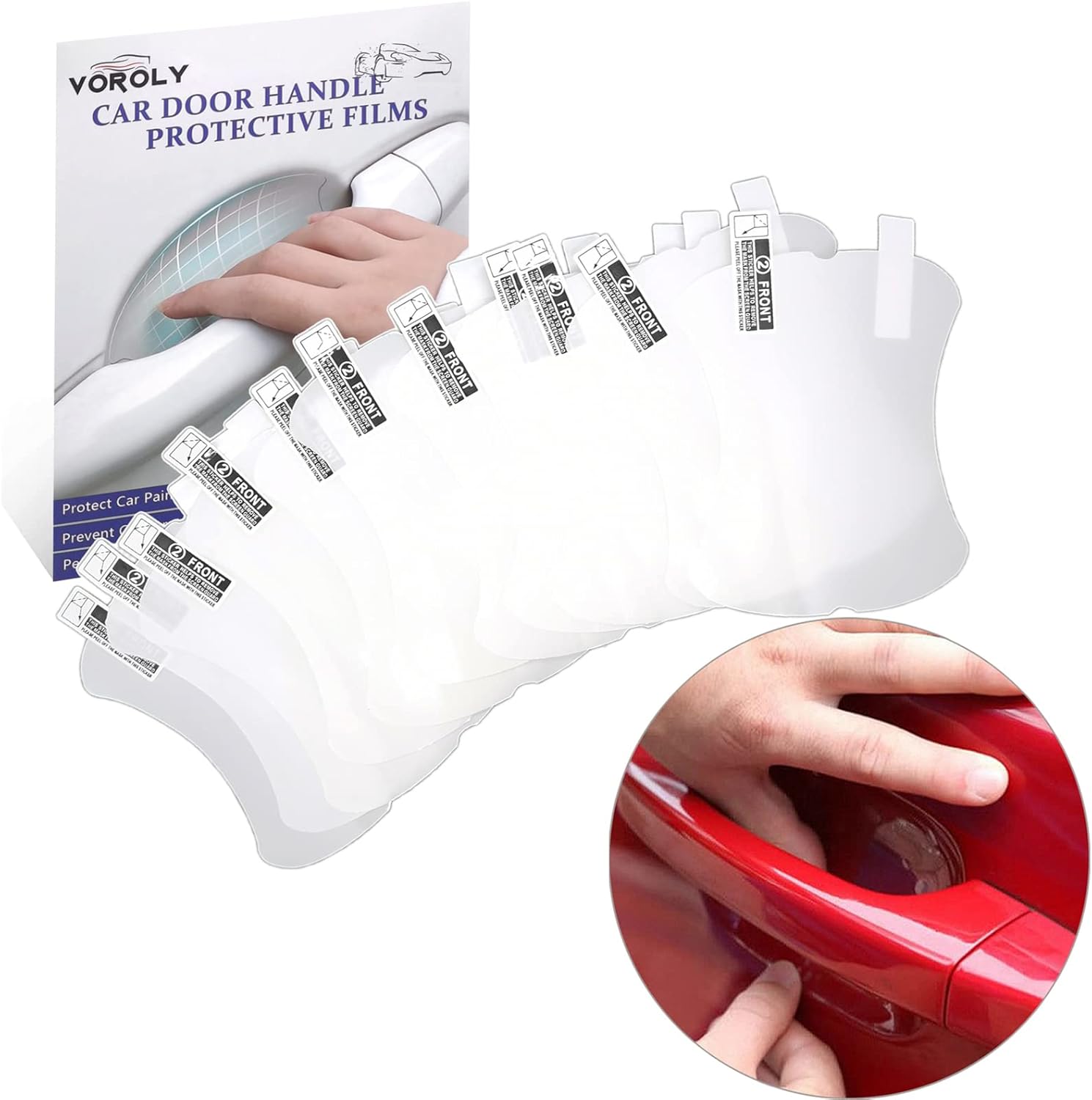 Voroly car door handle scratch protector film front view clear packaging