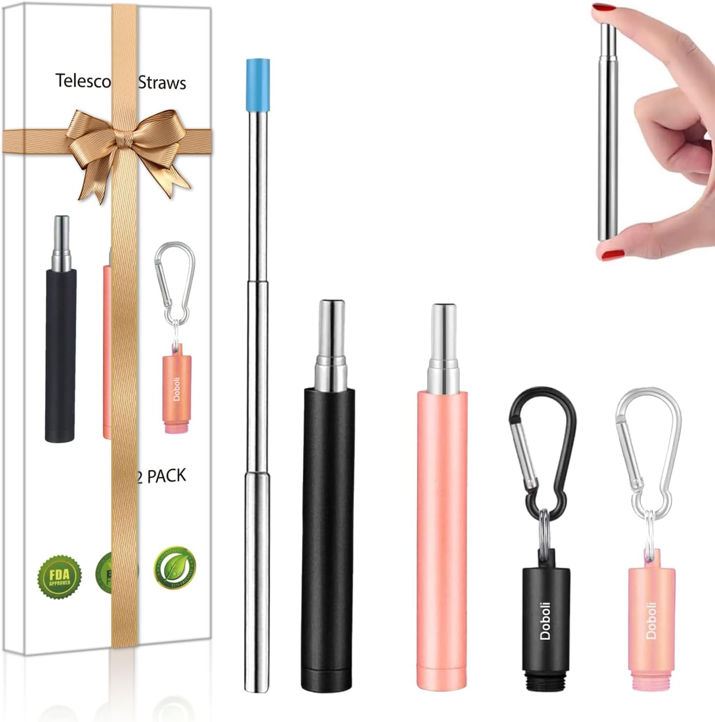 Doboli collapsible metal straws front view in black and rose gold