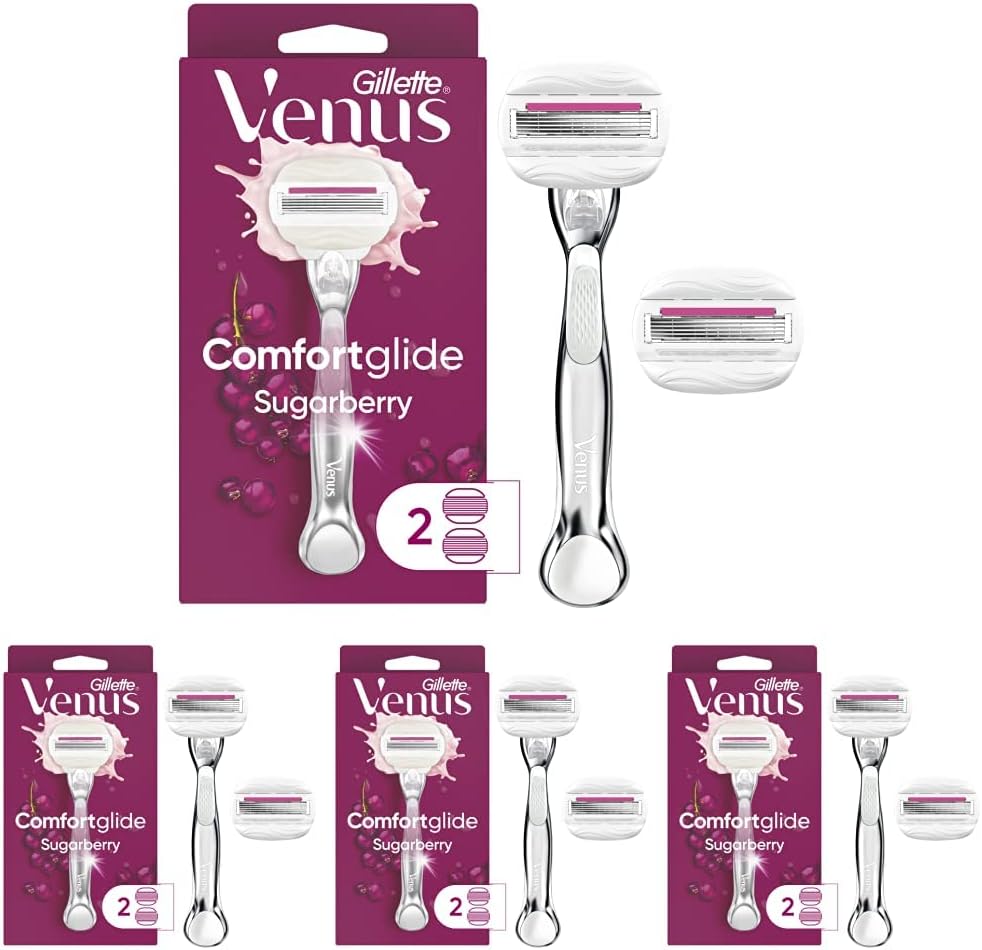 Gillette Venus Comfortglide with Olay Sugarberry Womens Razor Handle + 2 Blade Refills, Silver, 1 Count (Pack of 4) - Image 1