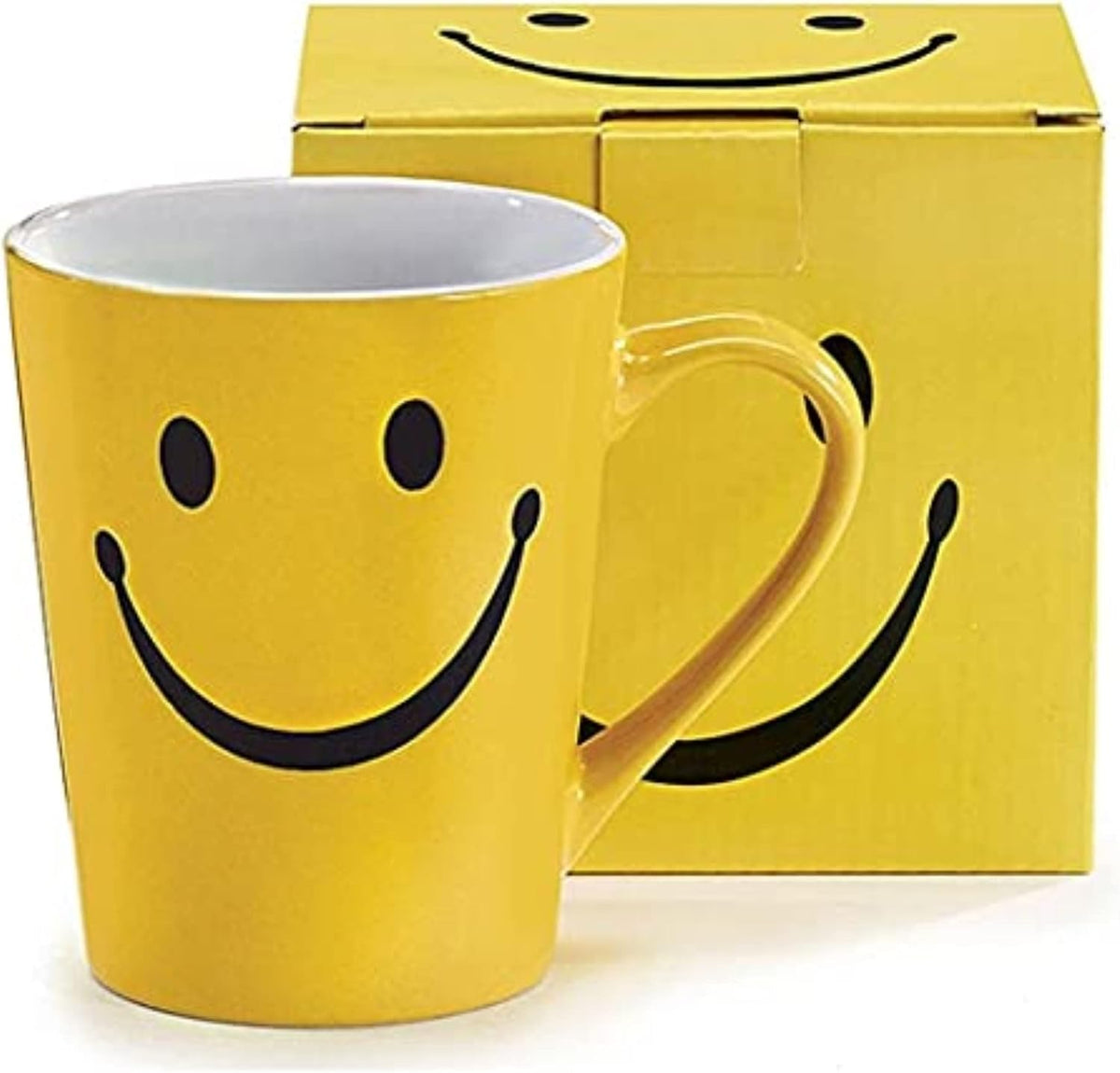 Toy Zany Smiley Happy Face 14 Ounce Stoneware Coffee Mug front view yellow ceramic cup