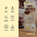 Mother pouring milk into Medela bag using easy pour spout