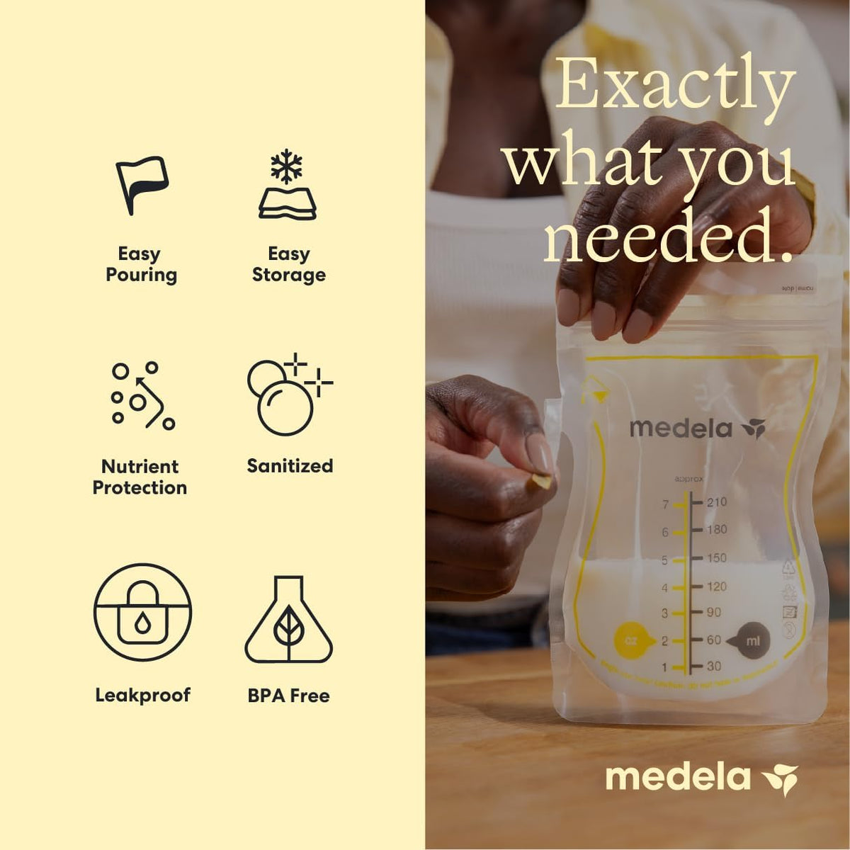 Mother pouring milk into Medela bag using easy pour spout