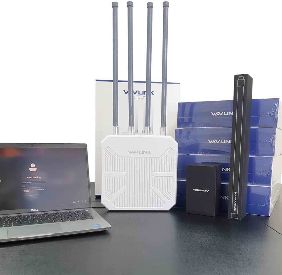 WAVLINK long range outdoor wireless internet amplifier mounted on an exterior pole setup.