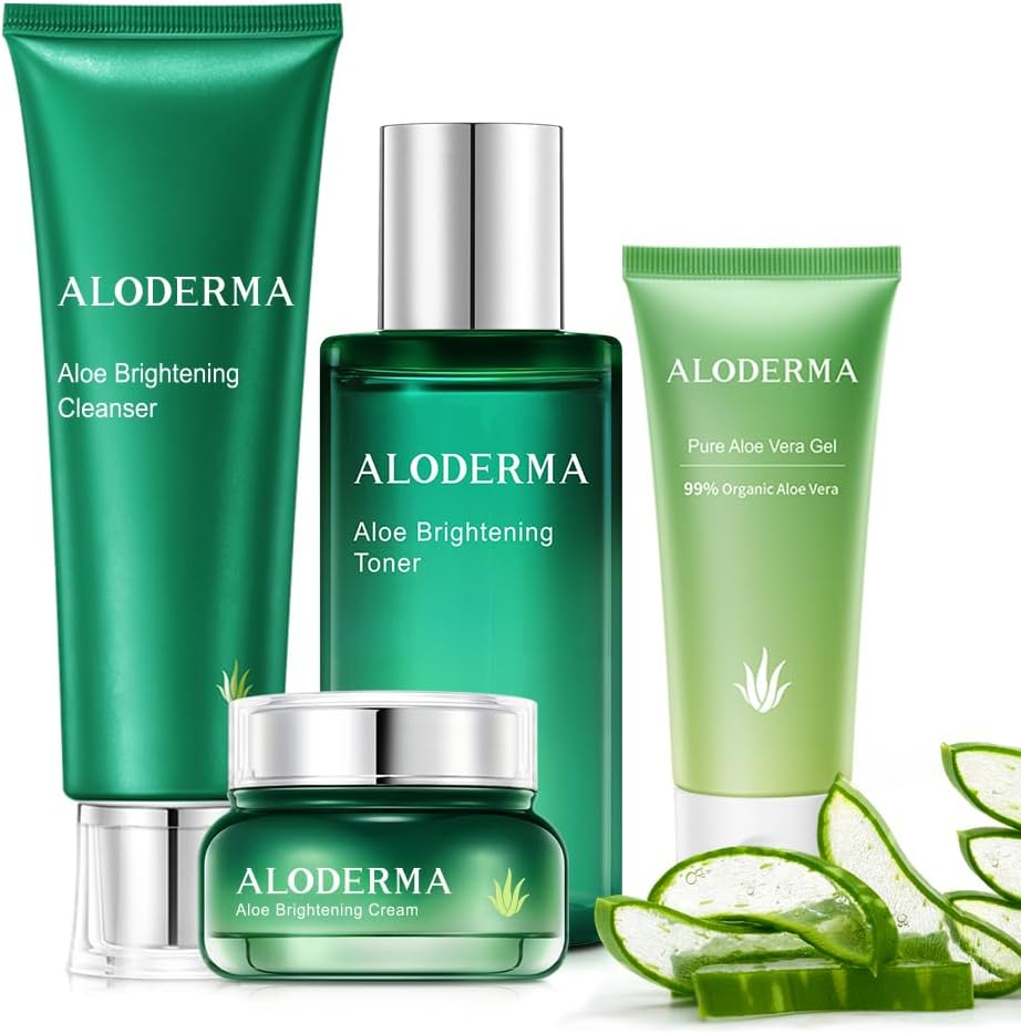 Aloderma brand 5 piece brightening skin care set with two facial toners